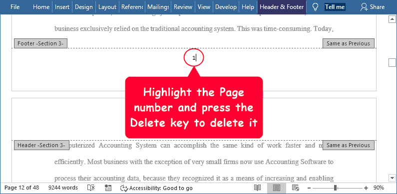 delete all page footers in word for mac